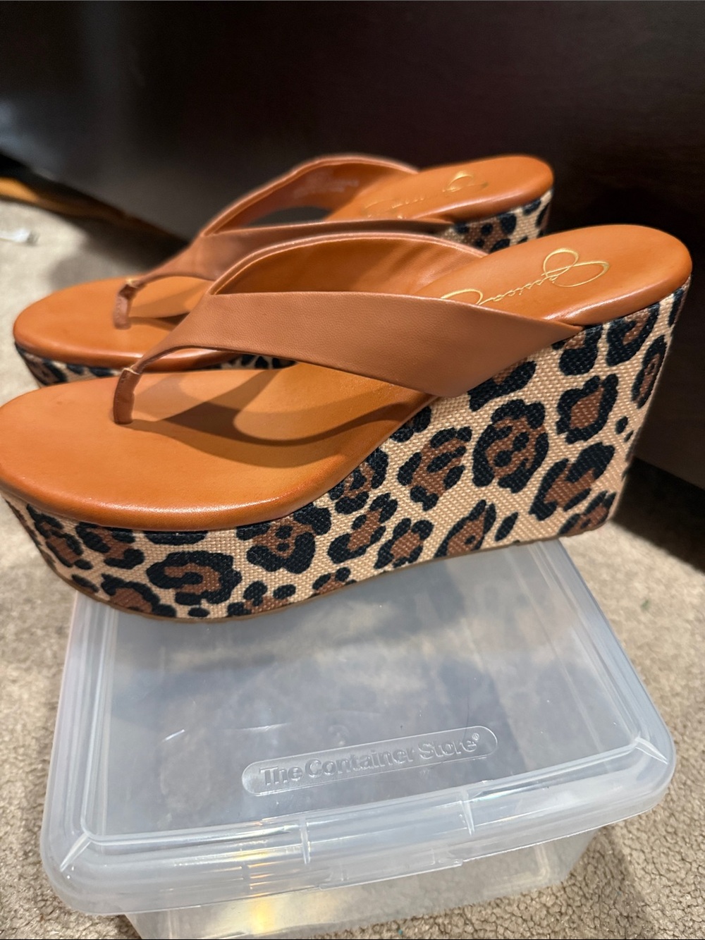 NWOT Jessica Simpson Tan Leather Thong Wedge Sandals with Leopard Platform - Picture 5 of 7